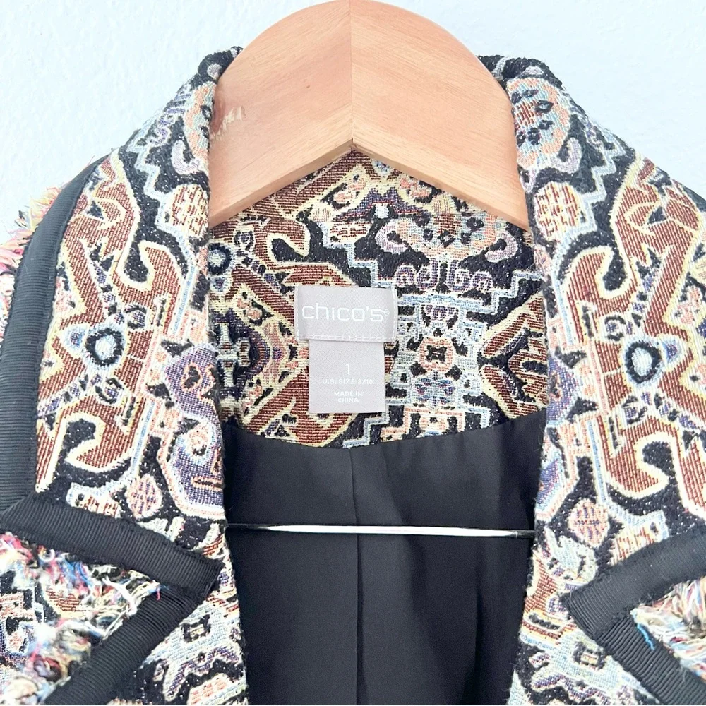 Chico’s Metallic Boho Long Length Jacquard Fringe Jacket Sz 1 (8-10)